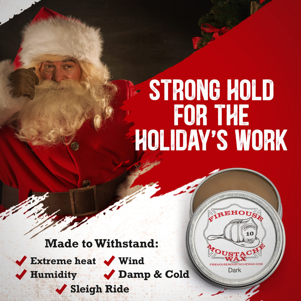 Firehouse Moustache Wax dark tin application demonstrates pliable hold for shaping throughout the day.