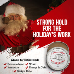 Firehouse Moustache Wax dark tin application demonstrates pliable hold for shaping throughout the day.