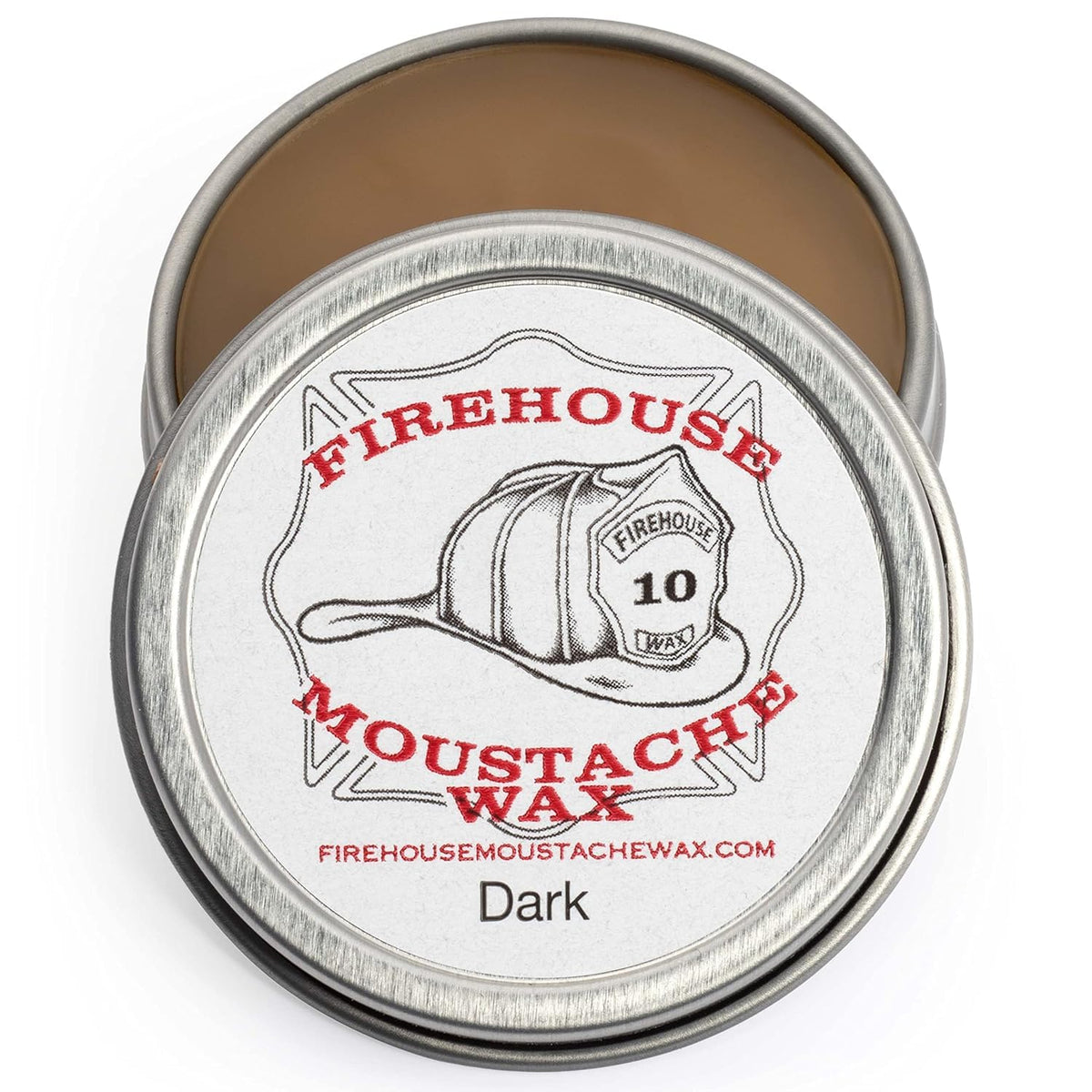 Firehouse Moustache Wax dark tin close-up shows natural color and strong hold.