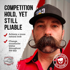 Firehouse Moustache Wax dark tin hair-color-match shows natural blend for brown or reddish hair.
