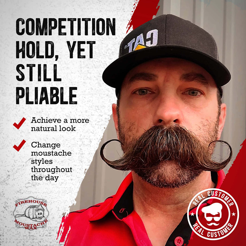 Firehouse Moustache Wax dark tin packaging highlights USA-made craftsmanship and small-batch care.