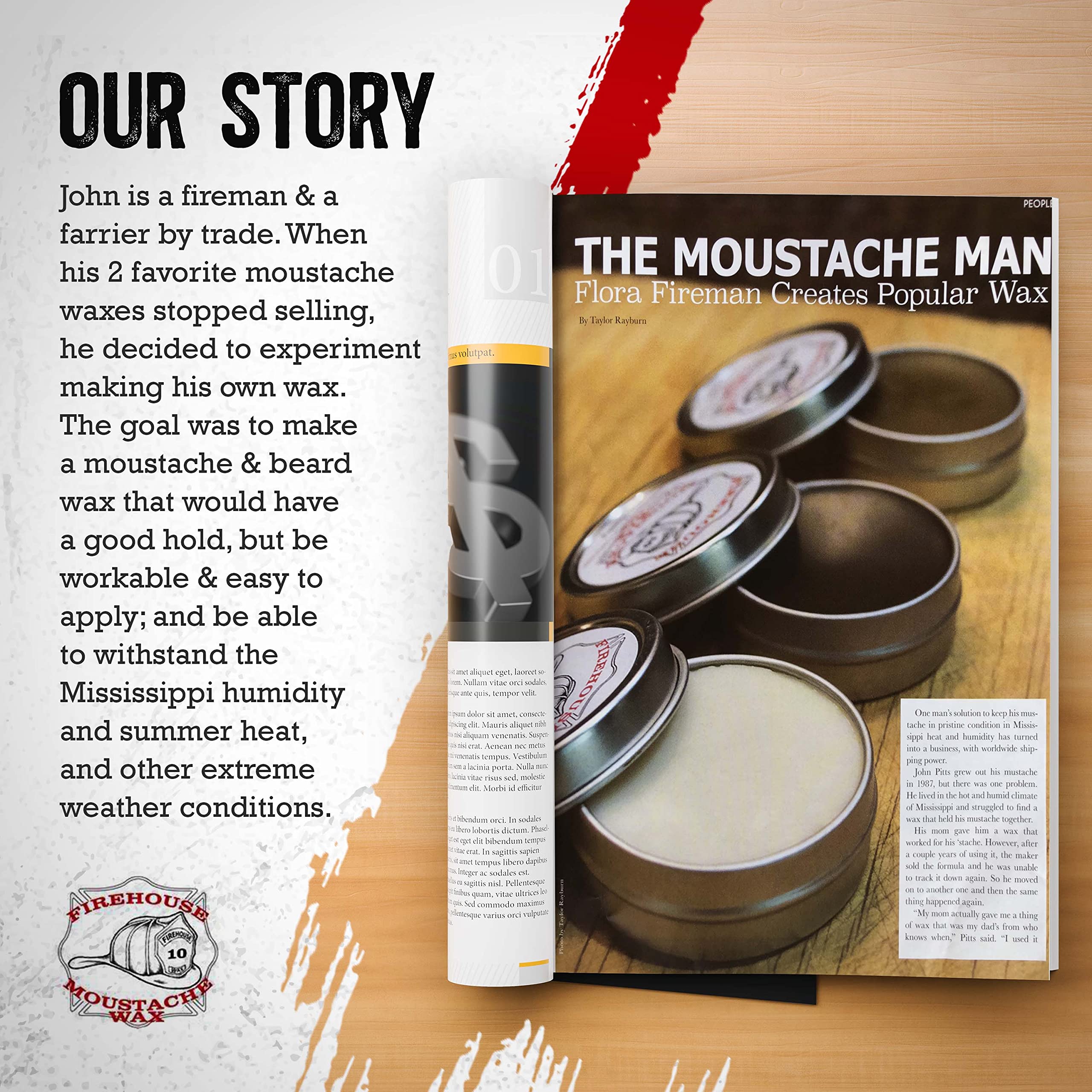 Firehouse Moustache Wax small-batch production signals handmade quality.