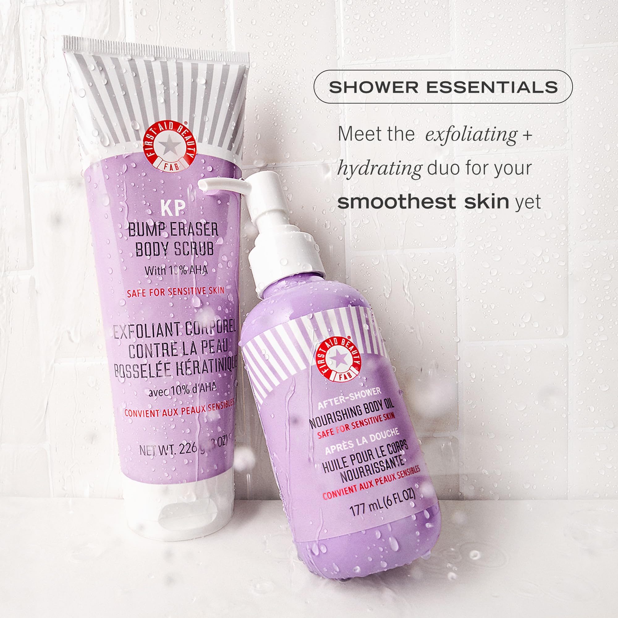 First Aid Beauty after-shower nourishing body oil application demonstrated with easy pump usage