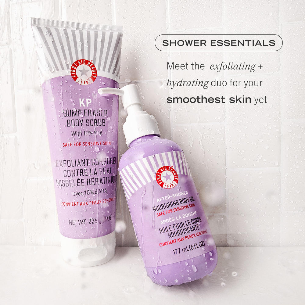 First Aid Beauty after-shower nourishing body oil application demonstrated with easy pump usage