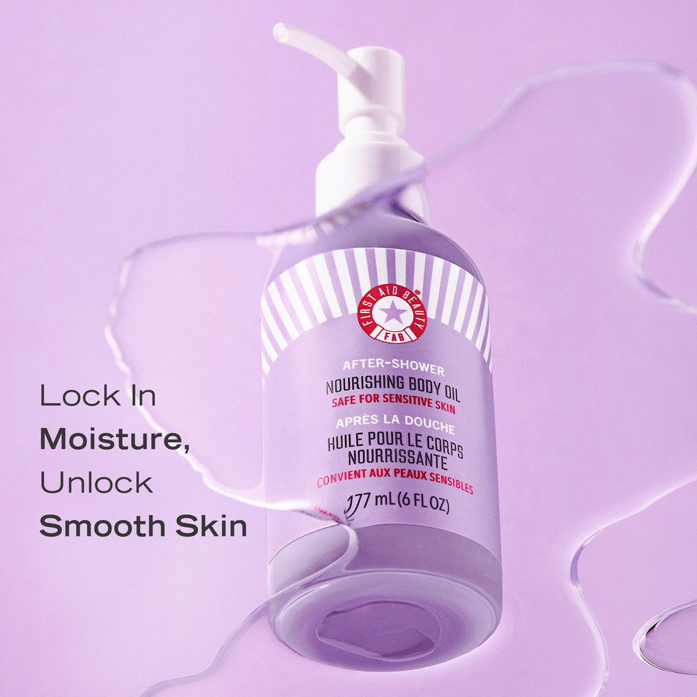 First Aid Beauty after-shower nourishing body oil ingredients featuring lipids and botanical oils