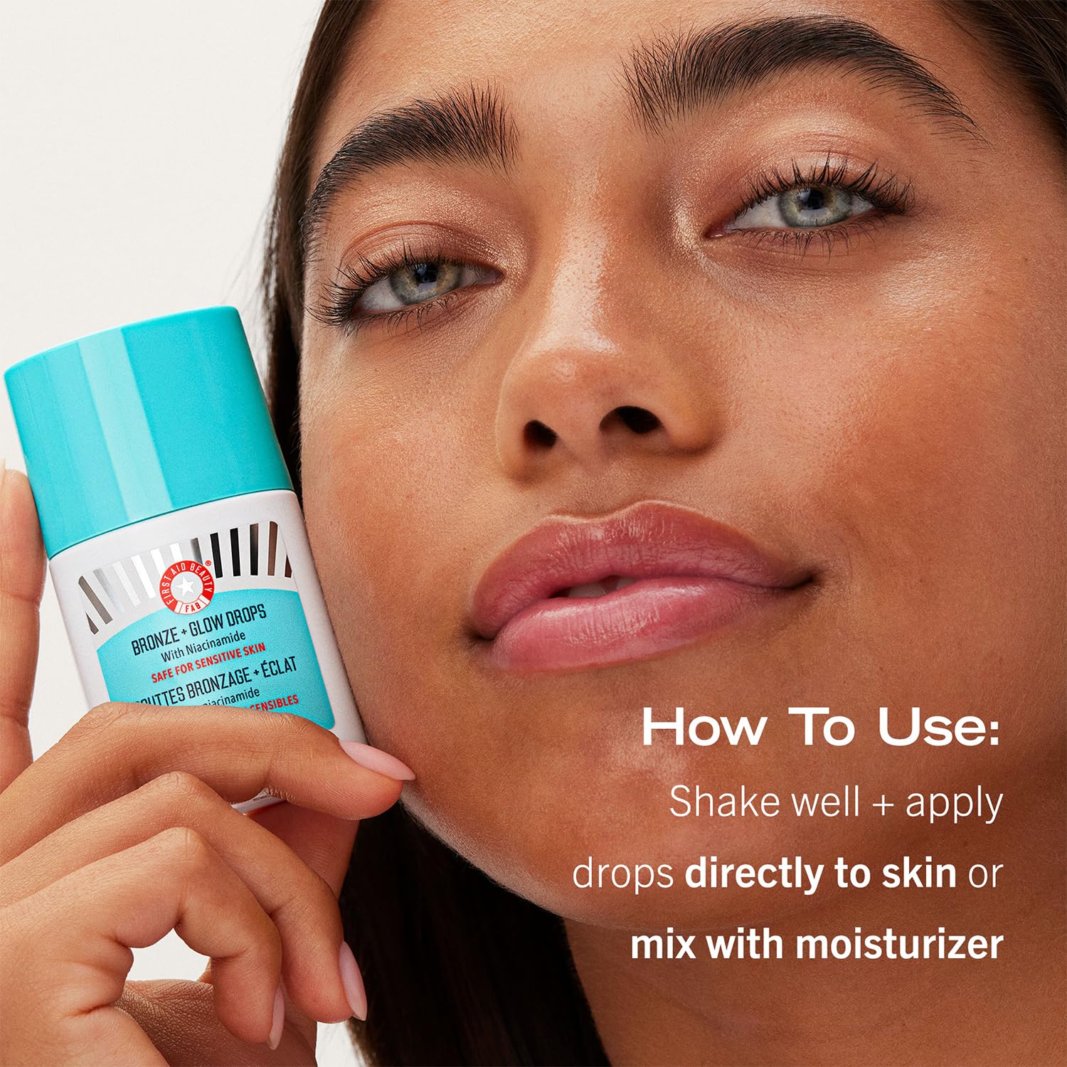 First Aid Beauty Bronze and Glow Drops layer smoothly under or over makeup