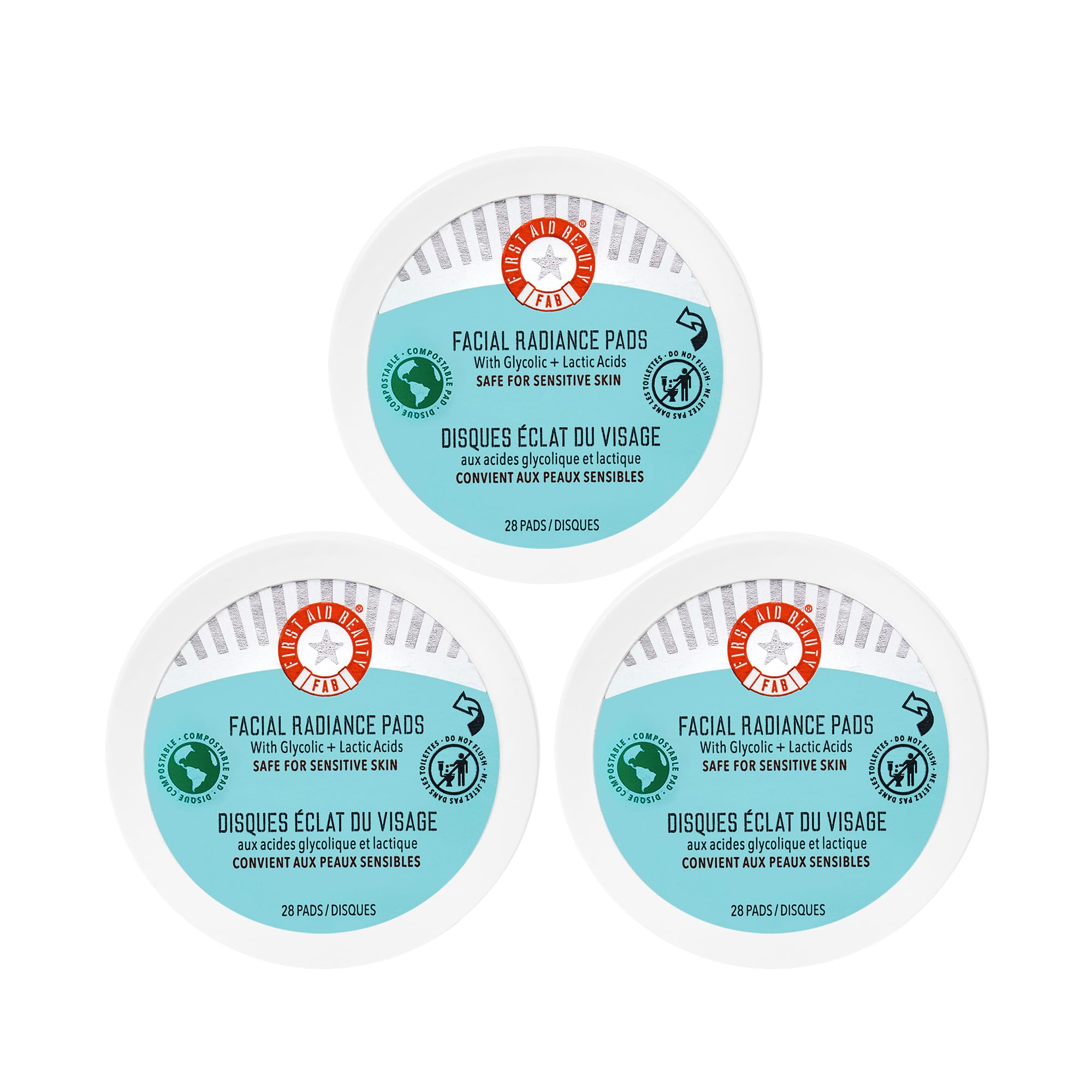 First Aid Beauty Facial Radiance Pads packaging highlights compostable daily exfoliation.