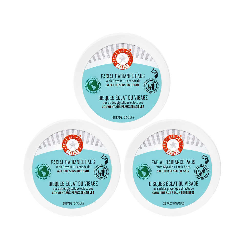 First Aid Beauty Facial Radiance Pads packaging highlights compostable daily exfoliation.