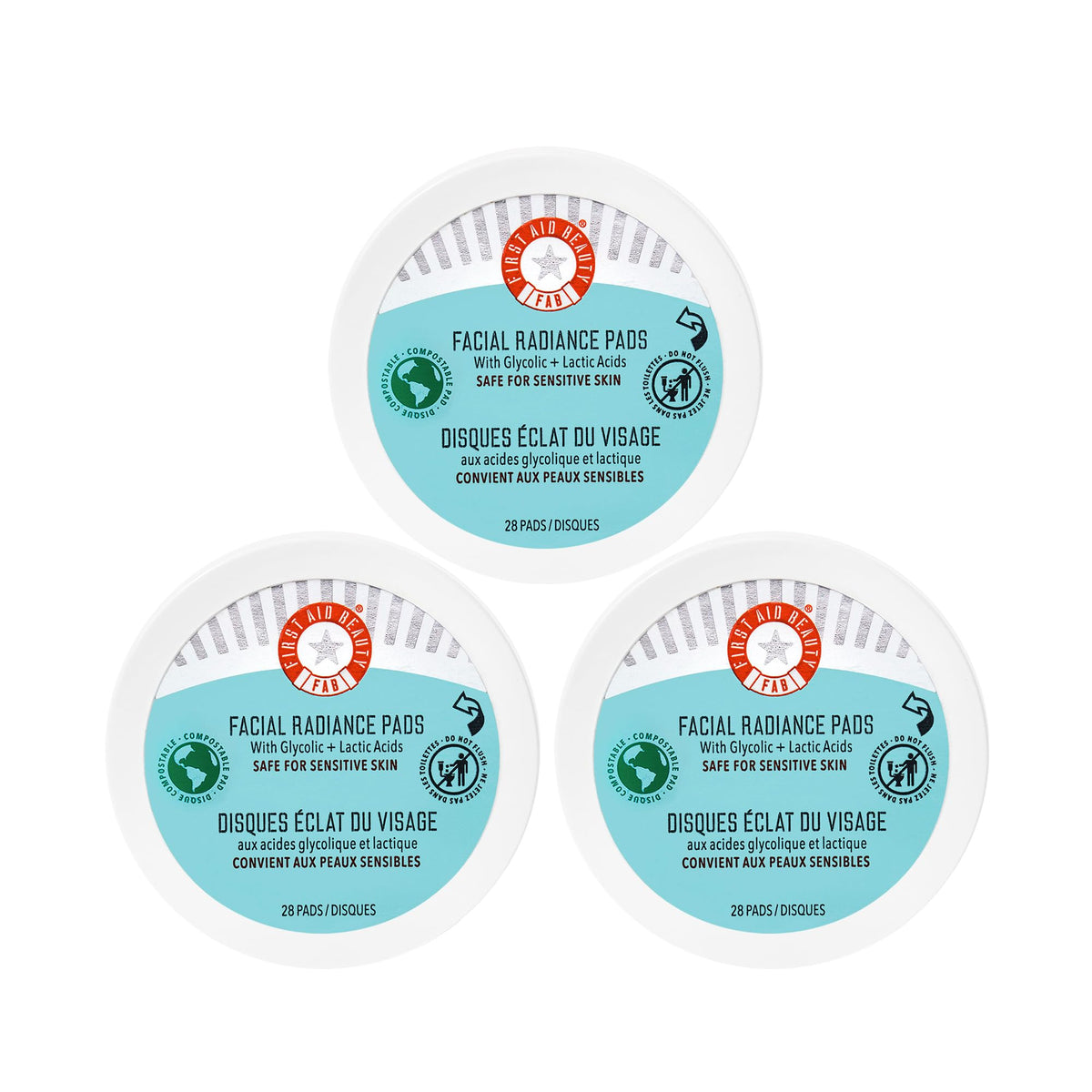 First Aid Beauty Facial Radiance Pads packaging highlights compostable daily exfoliation.