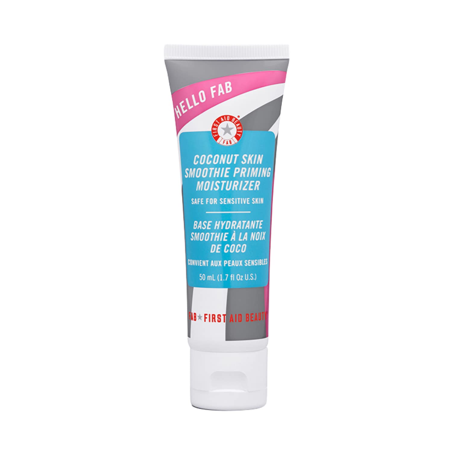First Aid Beauty Hello FAB coconut skin smoothie jar close-up, hydration and radiance focus.