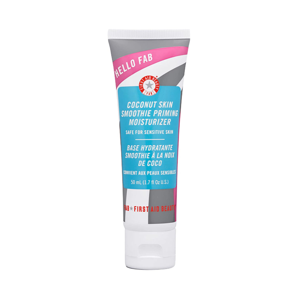 First Aid Beauty Hello FAB coconut skin smoothie jar close-up, hydration and radiance focus.