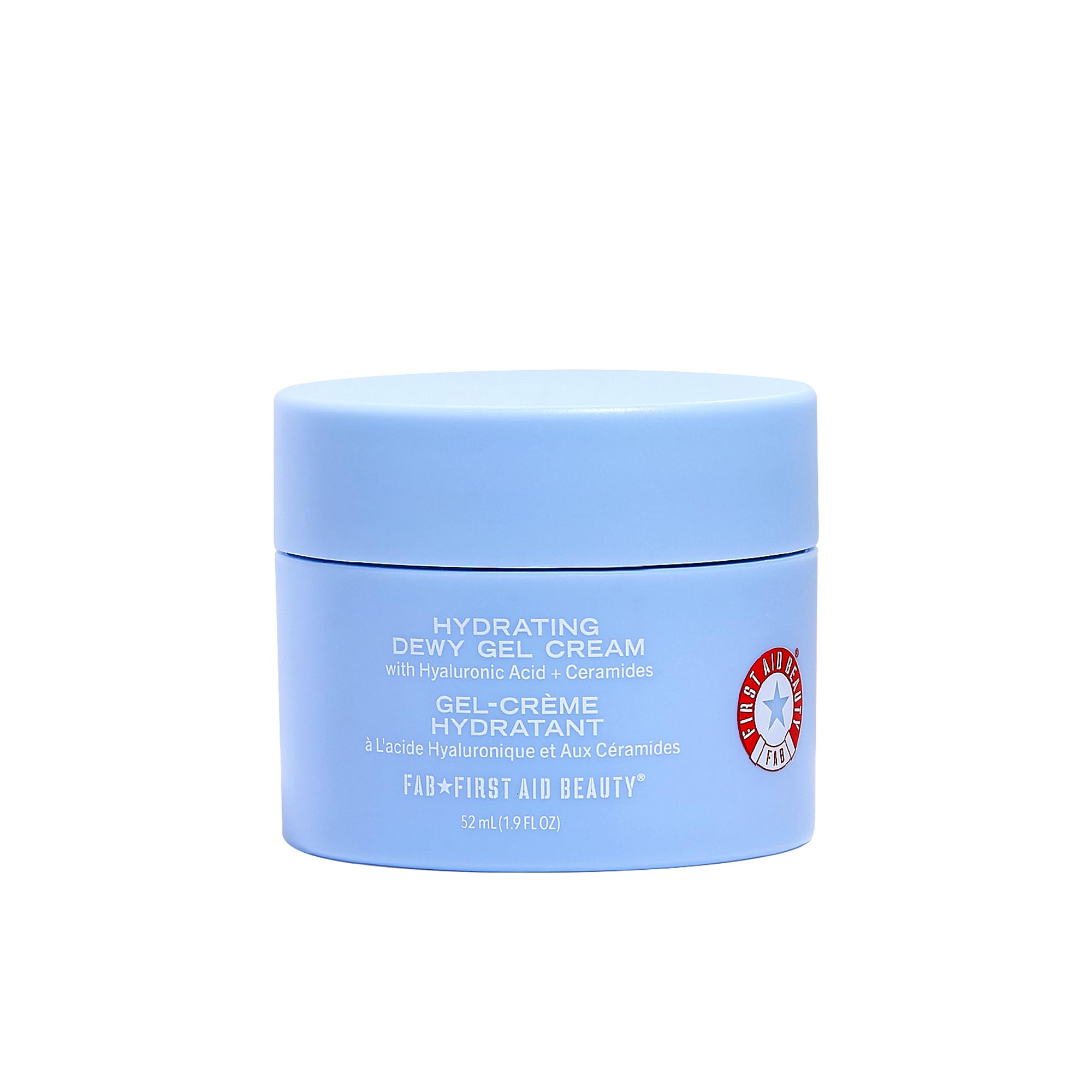 First Aid Beauty Hydrating Dewy Gel Cream bottle close-up shows lightweight hydration for oily skin