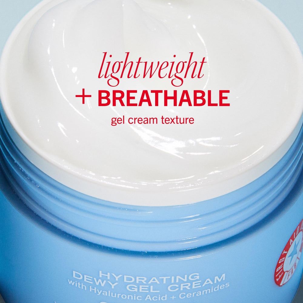 First Aid Beauty Hydrating Dewy Gel Cream contains hyaluronic acid for lasting hydration