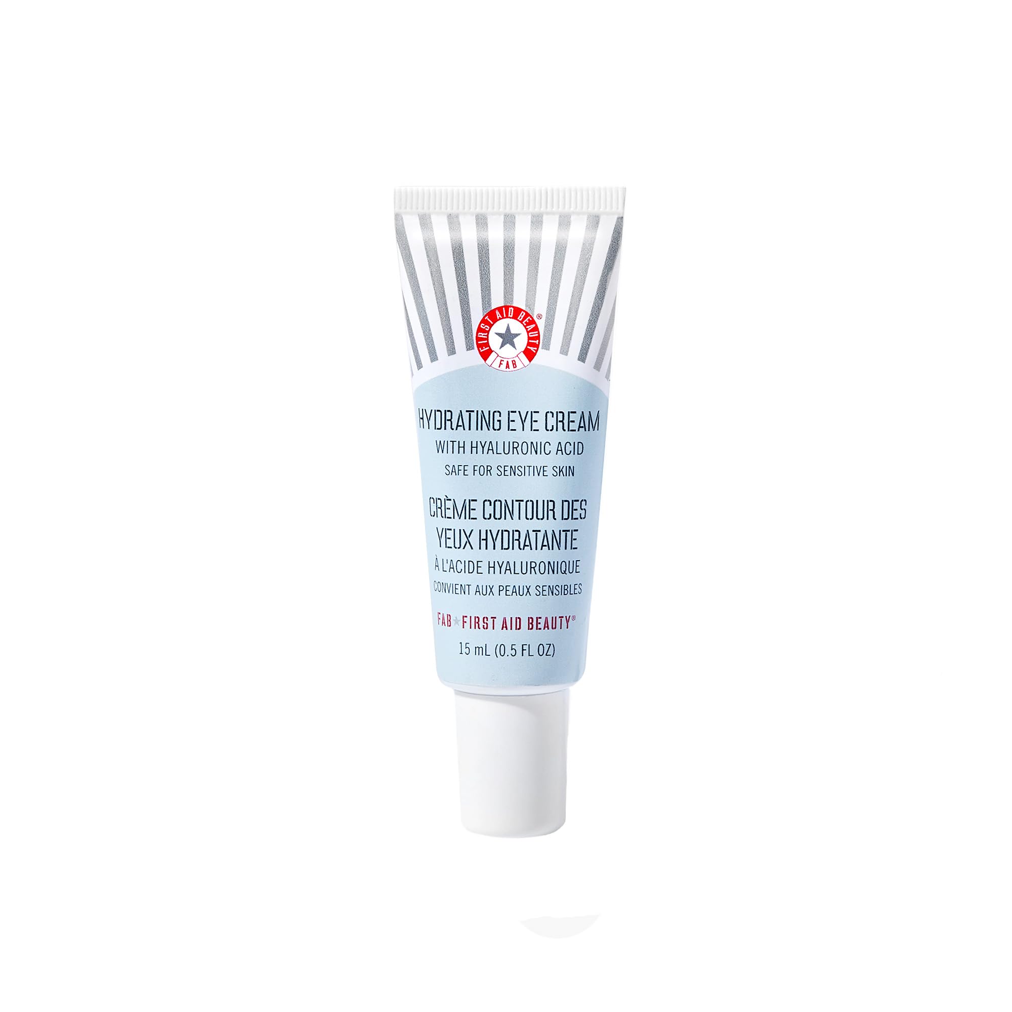 First Aid Beauty Hydrating Eye Cream tube close-up showing creamy texture for gentle nourishing application