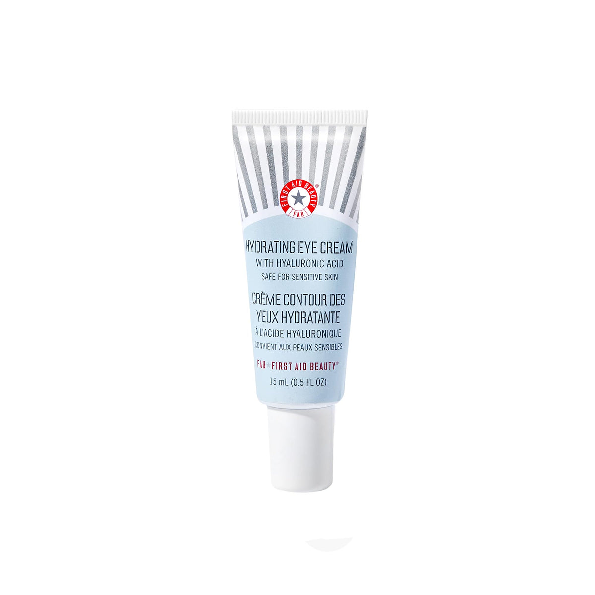 First Aid Beauty Hydrating Eye Cream tube close-up showing creamy texture for gentle nourishing application