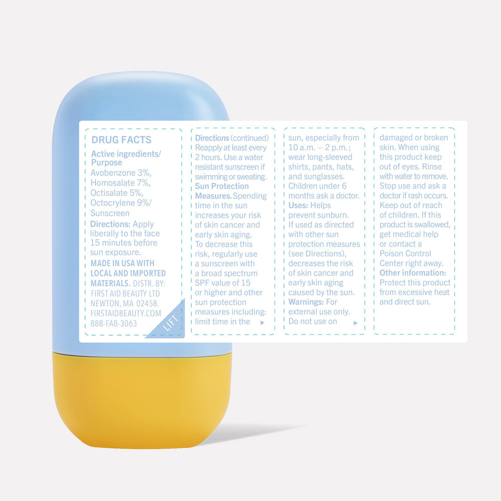 First Aid Beauty sunscreen milk no white cast close-up, transparent finish for a natural look.