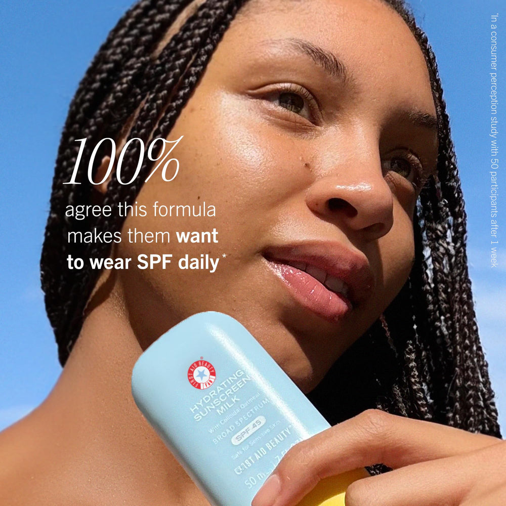 First Aid Beauty colloidal oatmeal detail close-up, soothing texture with hydrating glycerin.