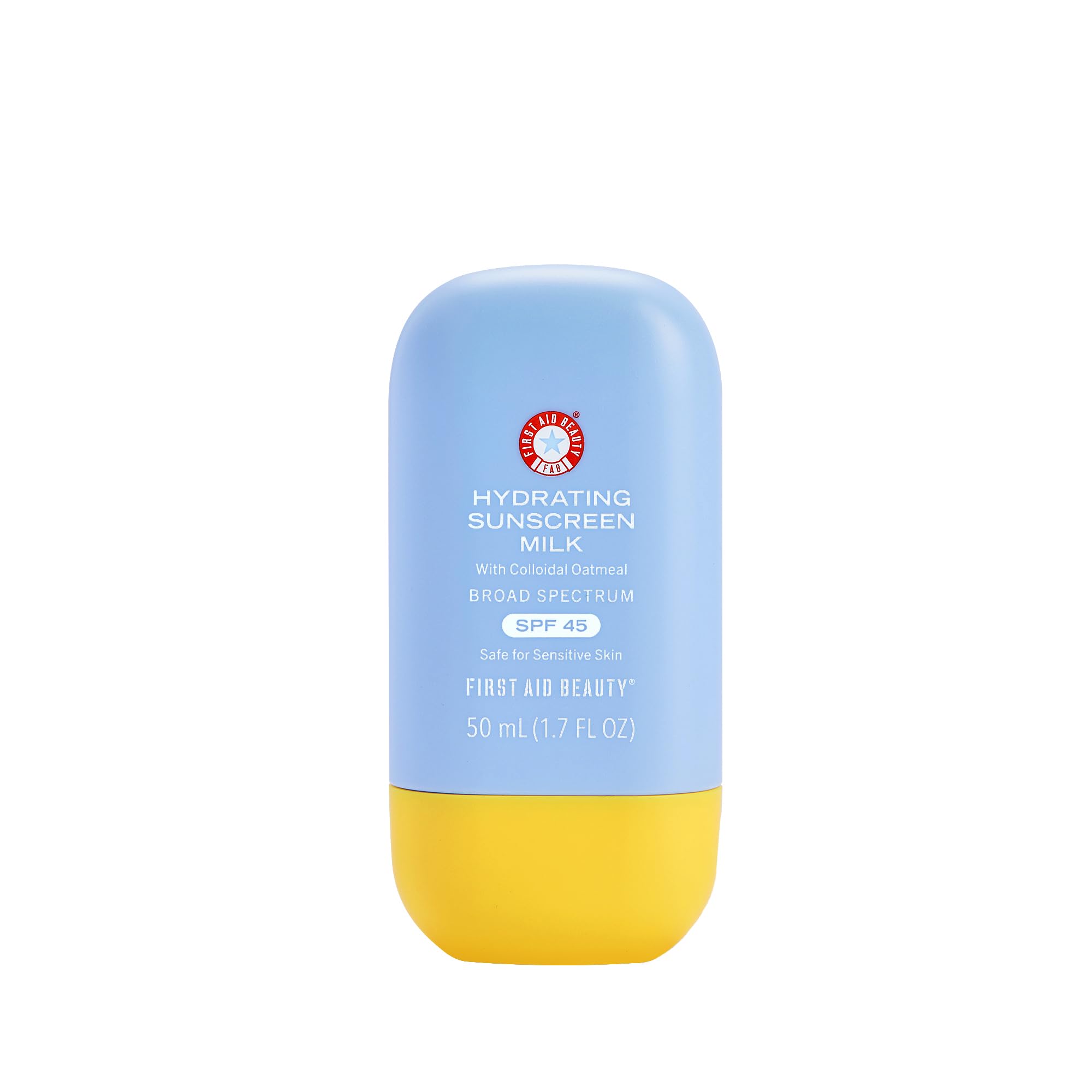 First Aid Beauty Hydrating Sunscreen Milk SPF 45 texture close-up, serum-like and non greasy protection.