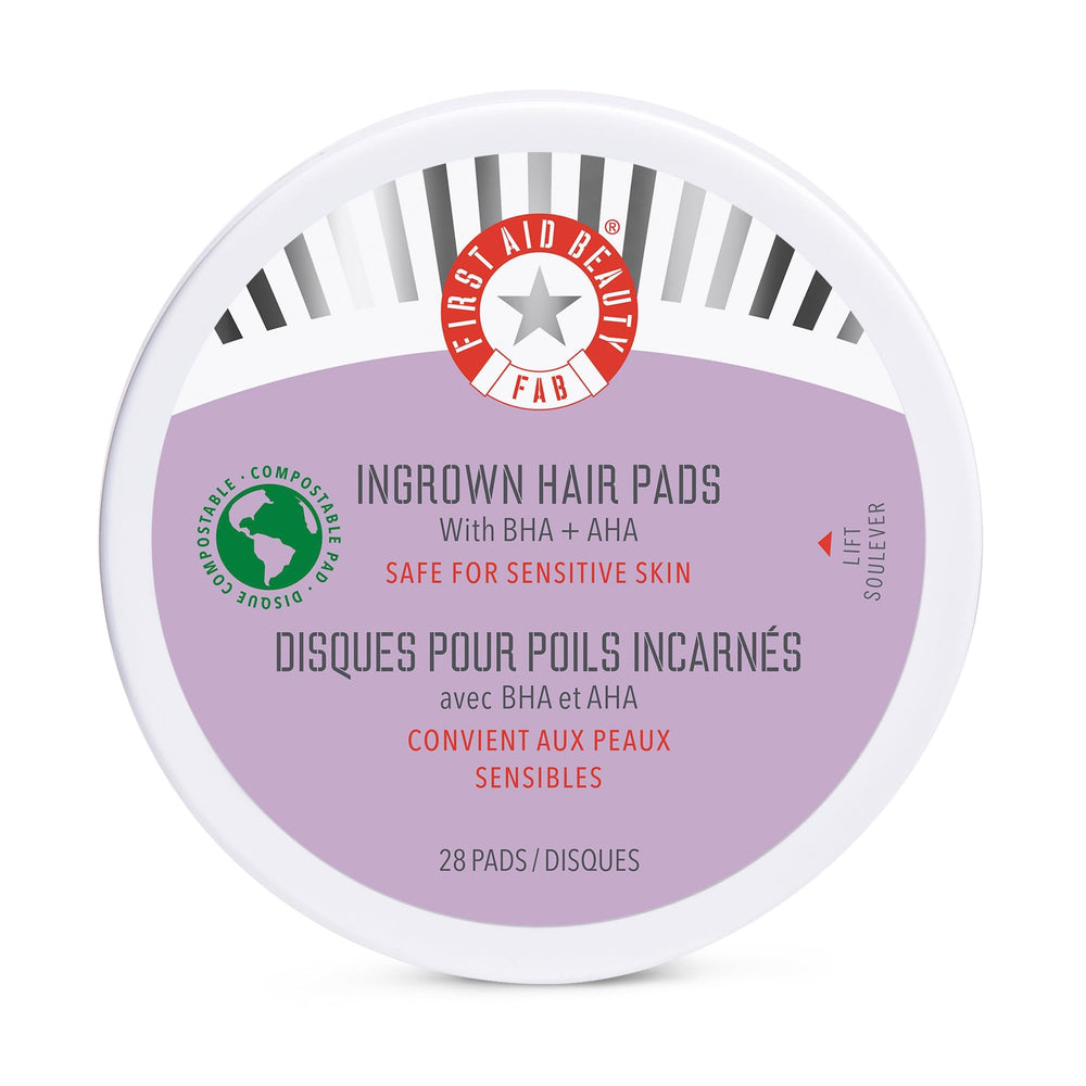 First Aid Beauty Ingrown Hair Pads packaging showing compostable daily-use pads for skin care.