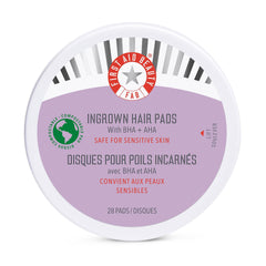 First Aid Beauty Ingrown Hair Pads packaging showing compostable daily-use pads for skin care.