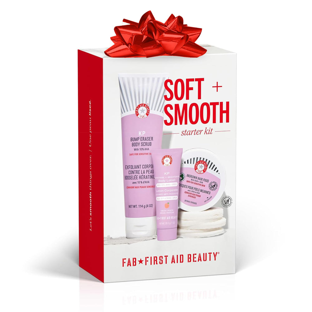First Aid Beauty KP Bump Eraser Body Scrub bottle shows exfoliation for smoother skin texture.