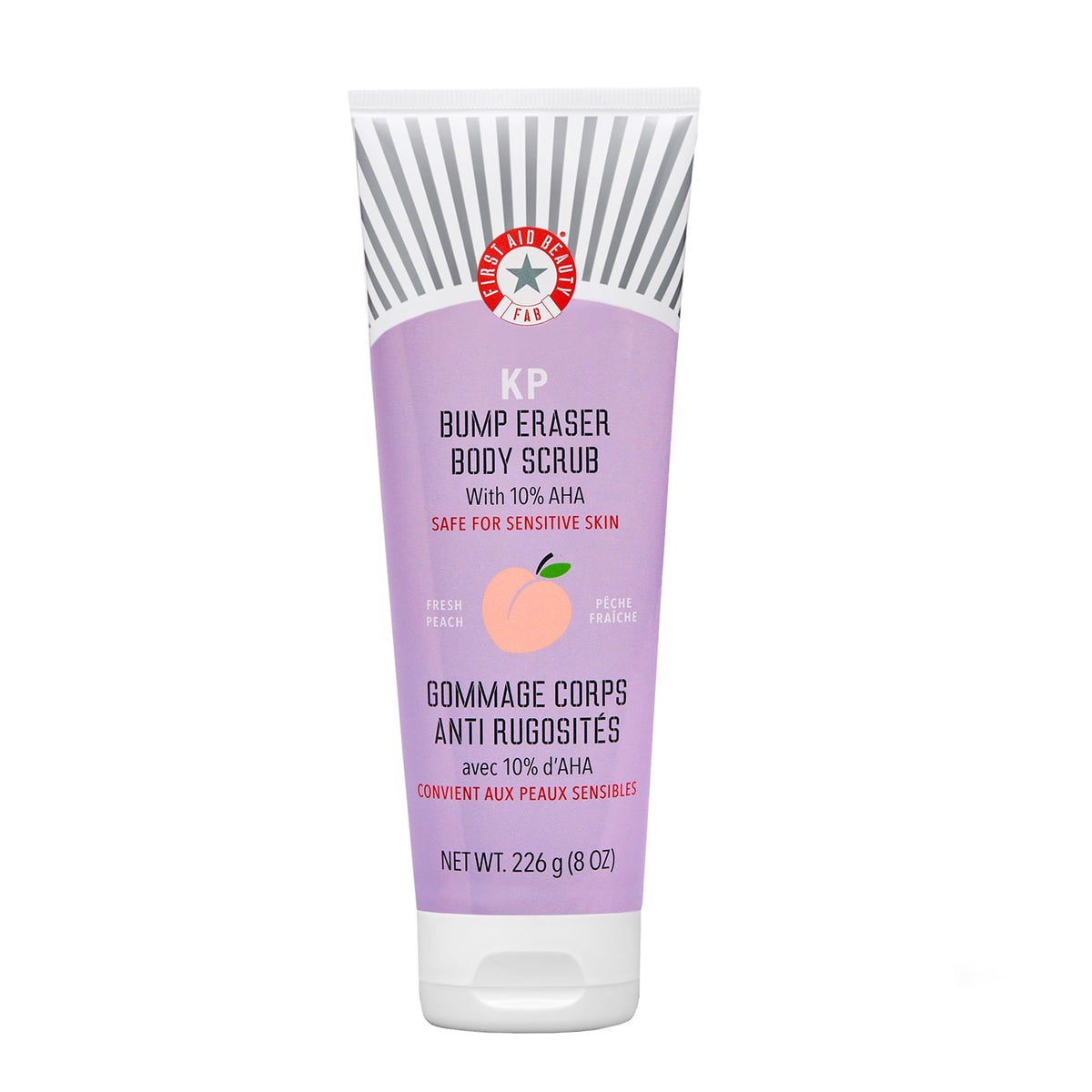 First Aid Beauty KP Bump Eraser bottle close-up showing peach scent for smoother skin.