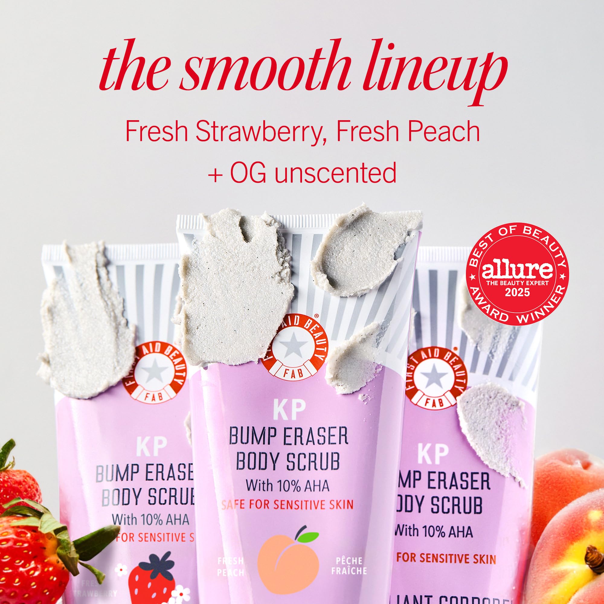 First Aid Beauty KP Bump Eraser label indicates fragrance-free formula for sensitive skin.