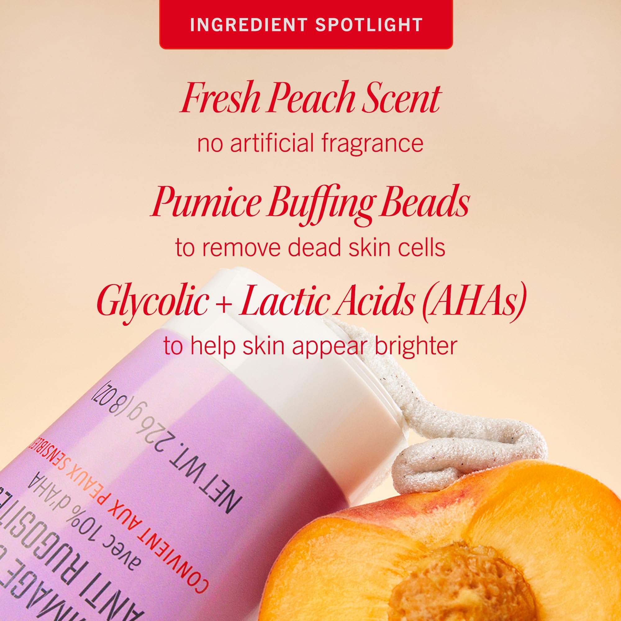 First Aid Beauty KP Bump Eraser peach scent label evokes refreshing shower ritual