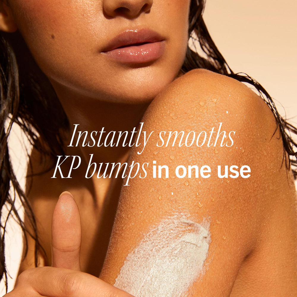 First Aid Beauty KP scrub peach jar promotes quick exfoliation for KP bumps