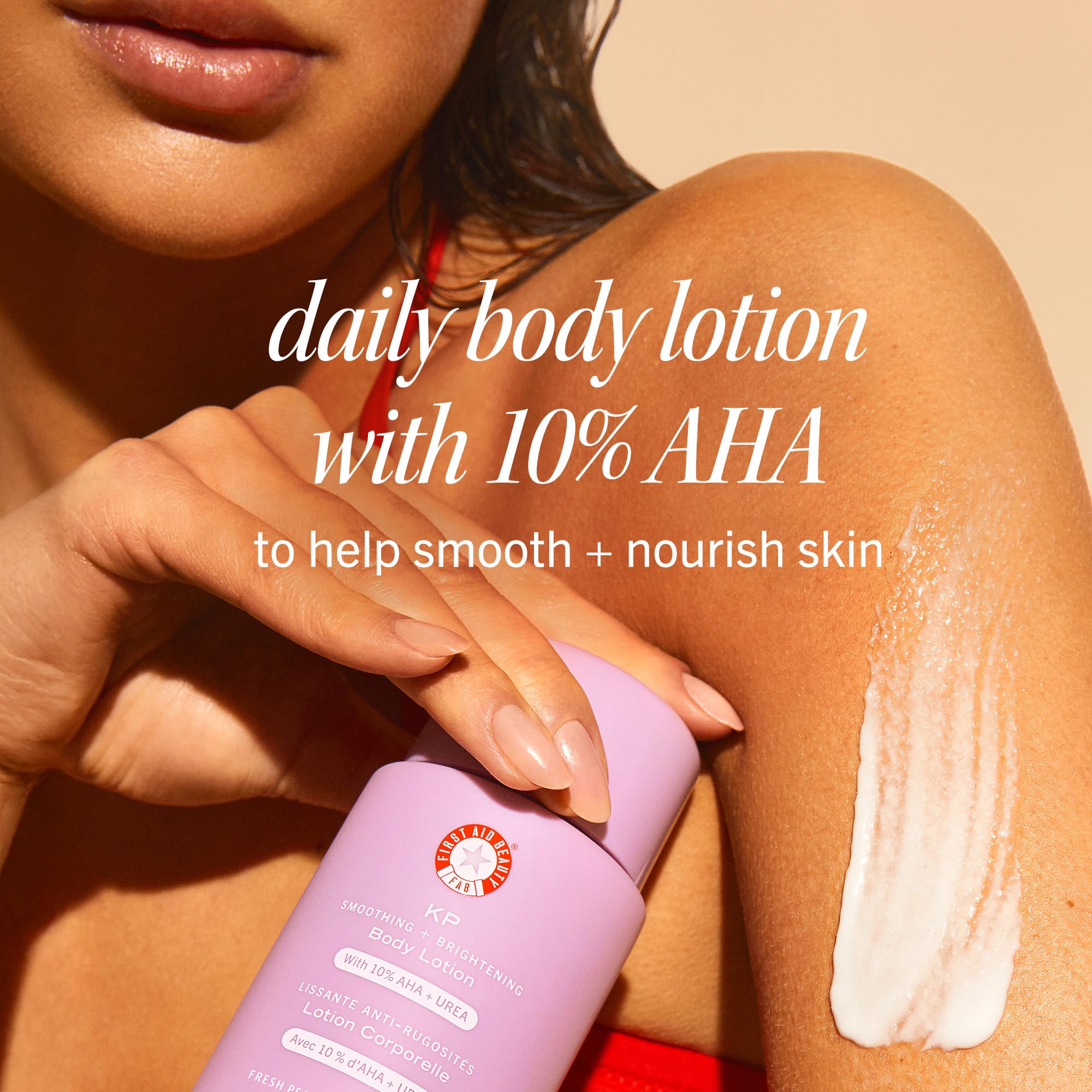 First Aid Beauty KP Smoothing bottle closeup highlights rich formula for smoother skin.