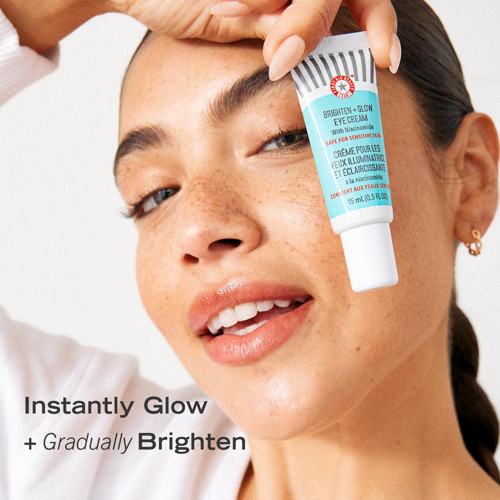 First Aid Beauty Brighten Glow Eye Cream closeup highlighting Niacinamide for brightening