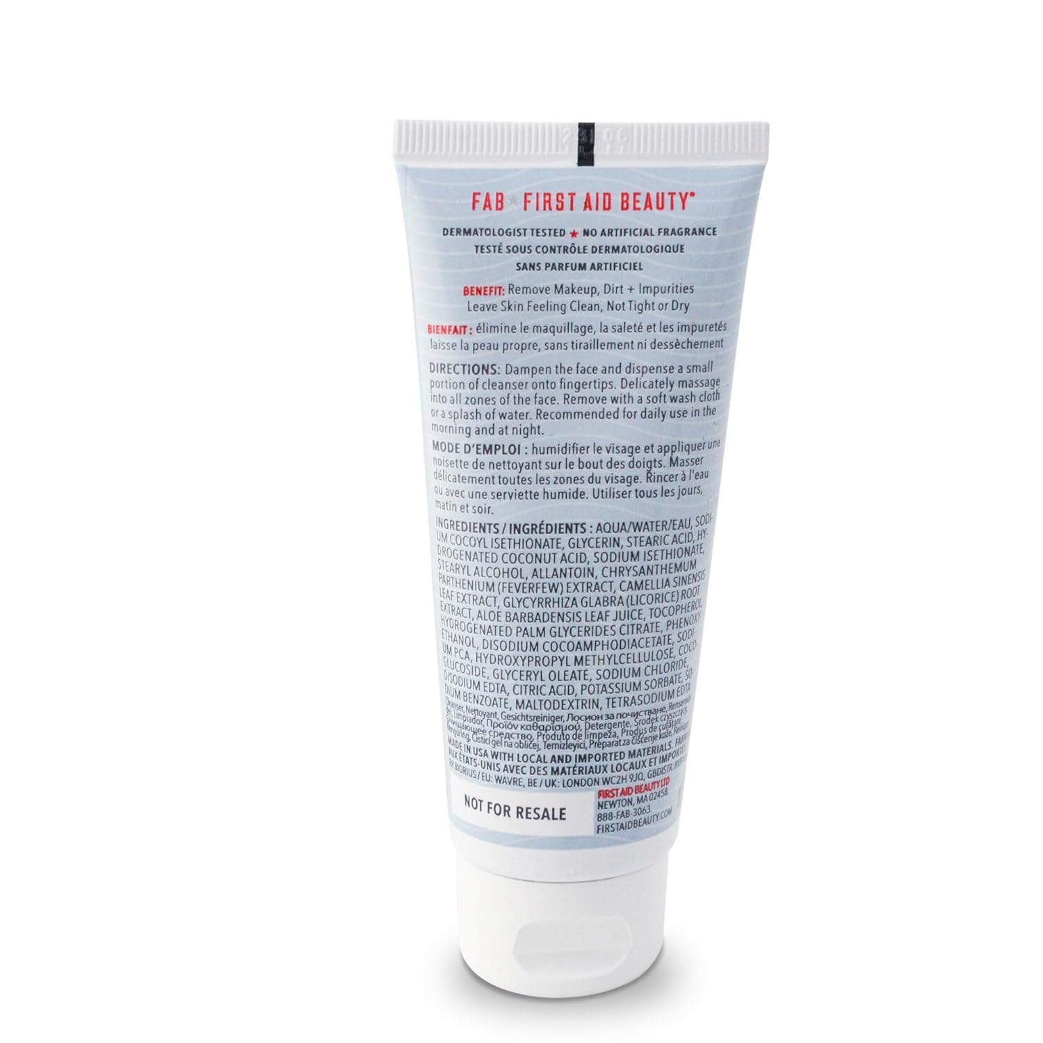 First Aid Beauty Pure Skin Face Cleanser 2 oz bottle on countertop.