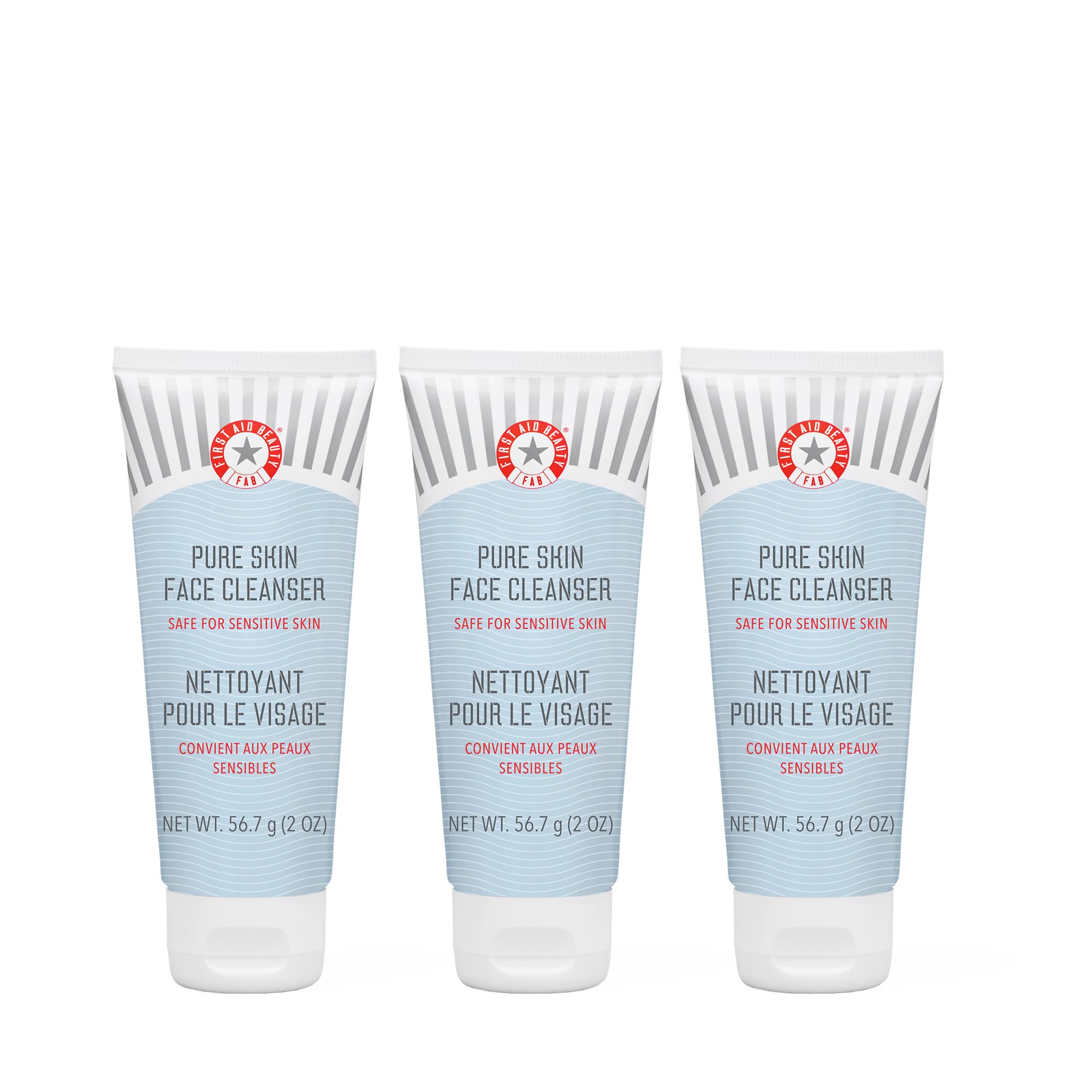 First Aid Beauty Pure Skin Face Cleanser bottle close-up showing fragrance-free gentle cleansing.