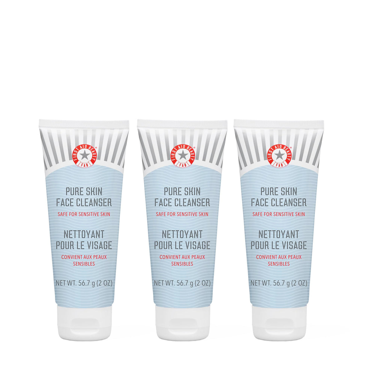 First Aid Beauty Pure Skin Face Cleanser bottle close-up showing fragrance-free gentle cleansing.