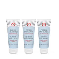 First Aid Beauty Pure Skin Face Cleanser bottle close-up showing fragrance-free gentle cleansing.
