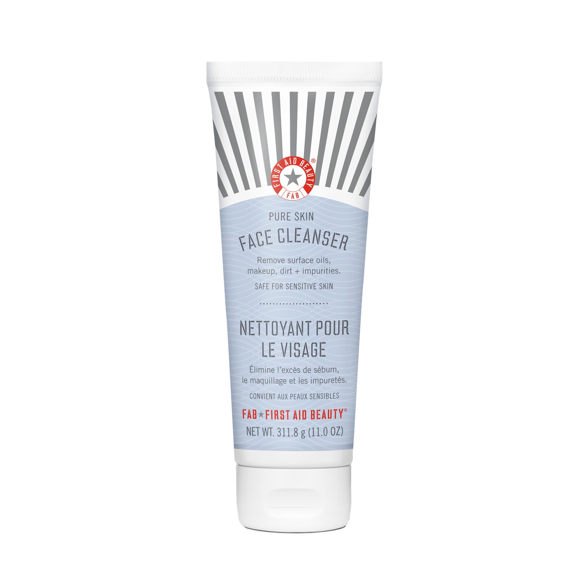First Aid Beauty Pure Skin Face Cleanser bottle closeup for gentle makeup removal