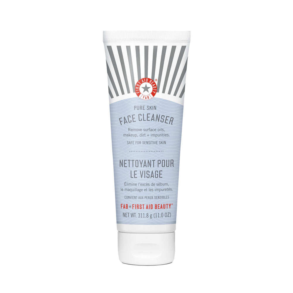 First Aid Beauty Pure Skin Face Cleanser bottle closeup for gentle makeup removal