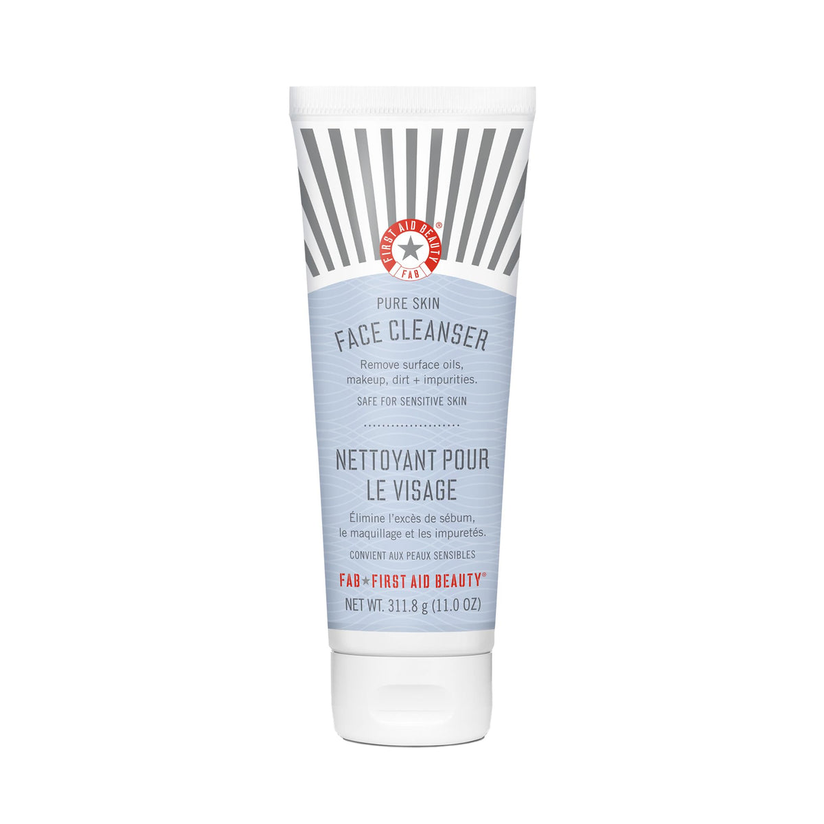 First Aid Beauty Pure Skin Face Cleanser bottle closeup for gentle makeup removal
