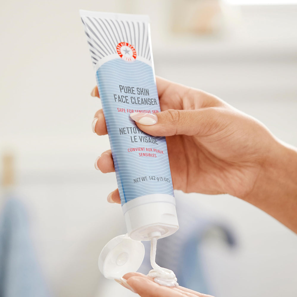 First Aid Beauty Pure Skin Face Cleanser texture swatch shows non-drying gentle cleansing feel