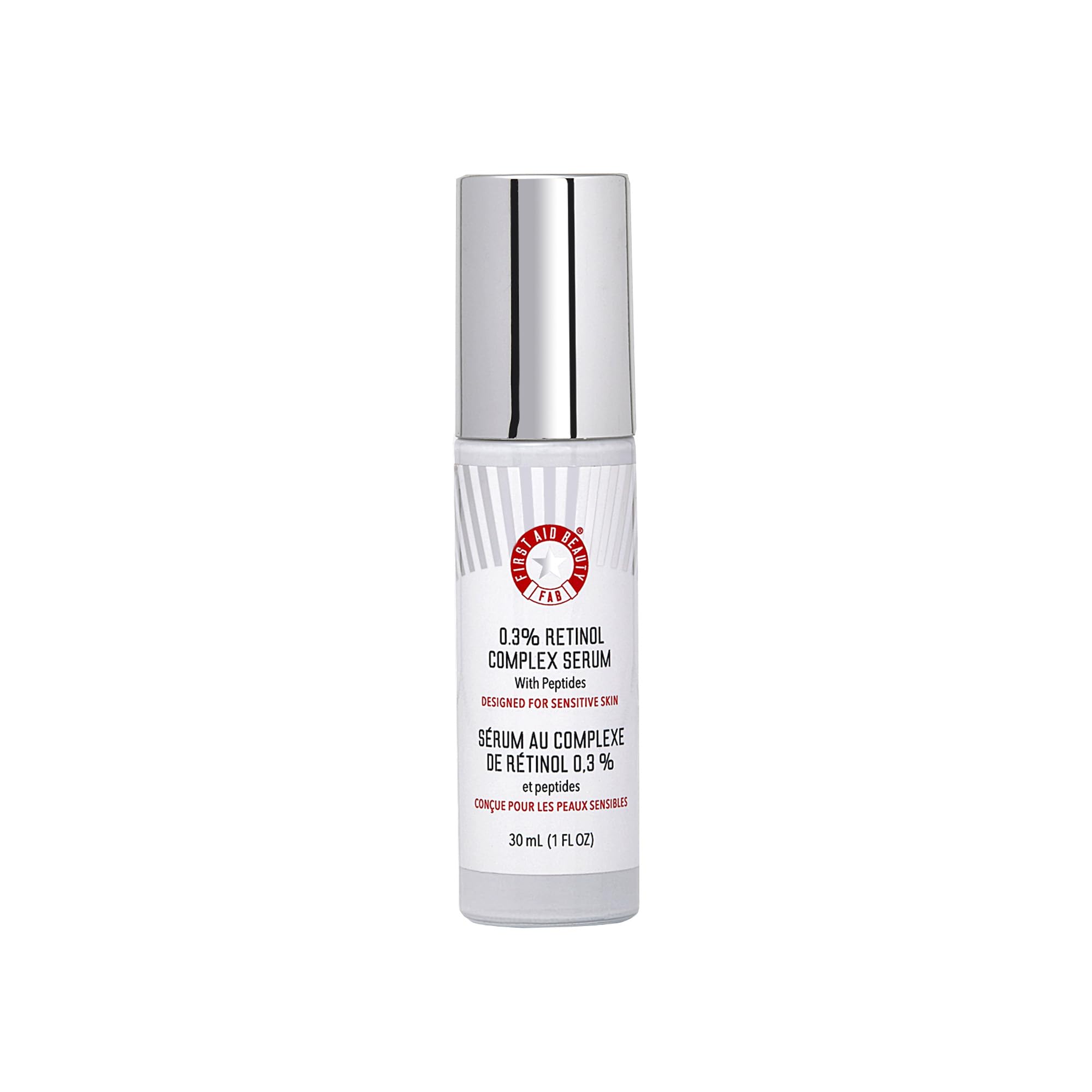 First Aid Beauty retinol complex serum bottle—gentle option for sensitive skin routines.