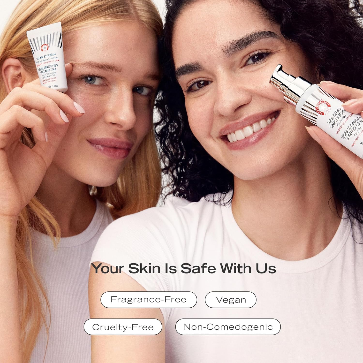 First Aid Beauty 1oz bottle label—dermatologist-tested, vegan, paraben-free.