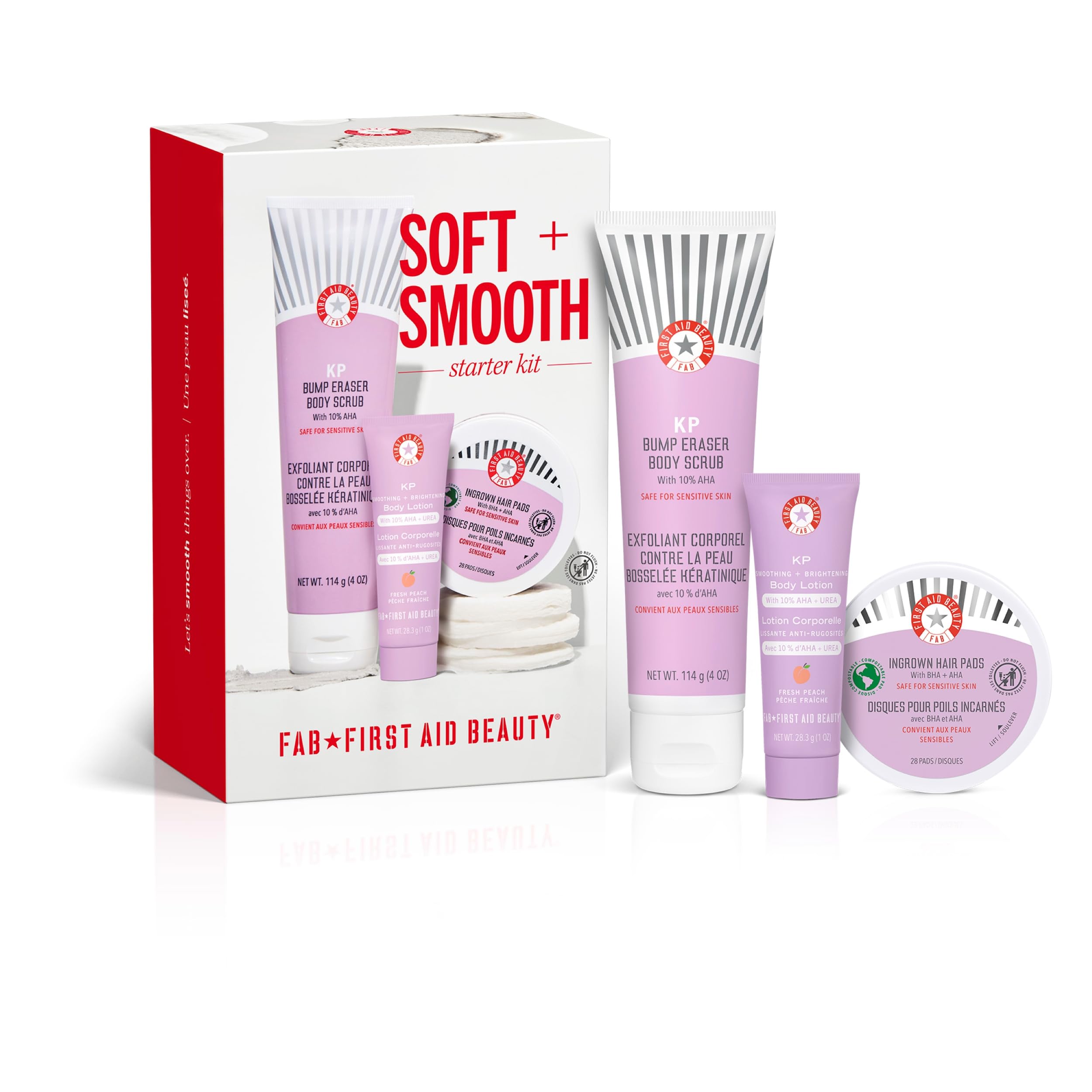 First Aid Beauty Smoothing Brightening Body Lotion Peach bottle highlights hydration with a brightening option.