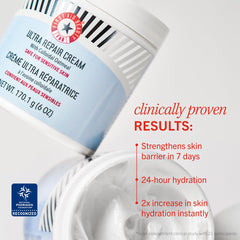 First Aid Beauty Ultra Repair Cream face application shot emphasizing soothing hydration for dry patches.