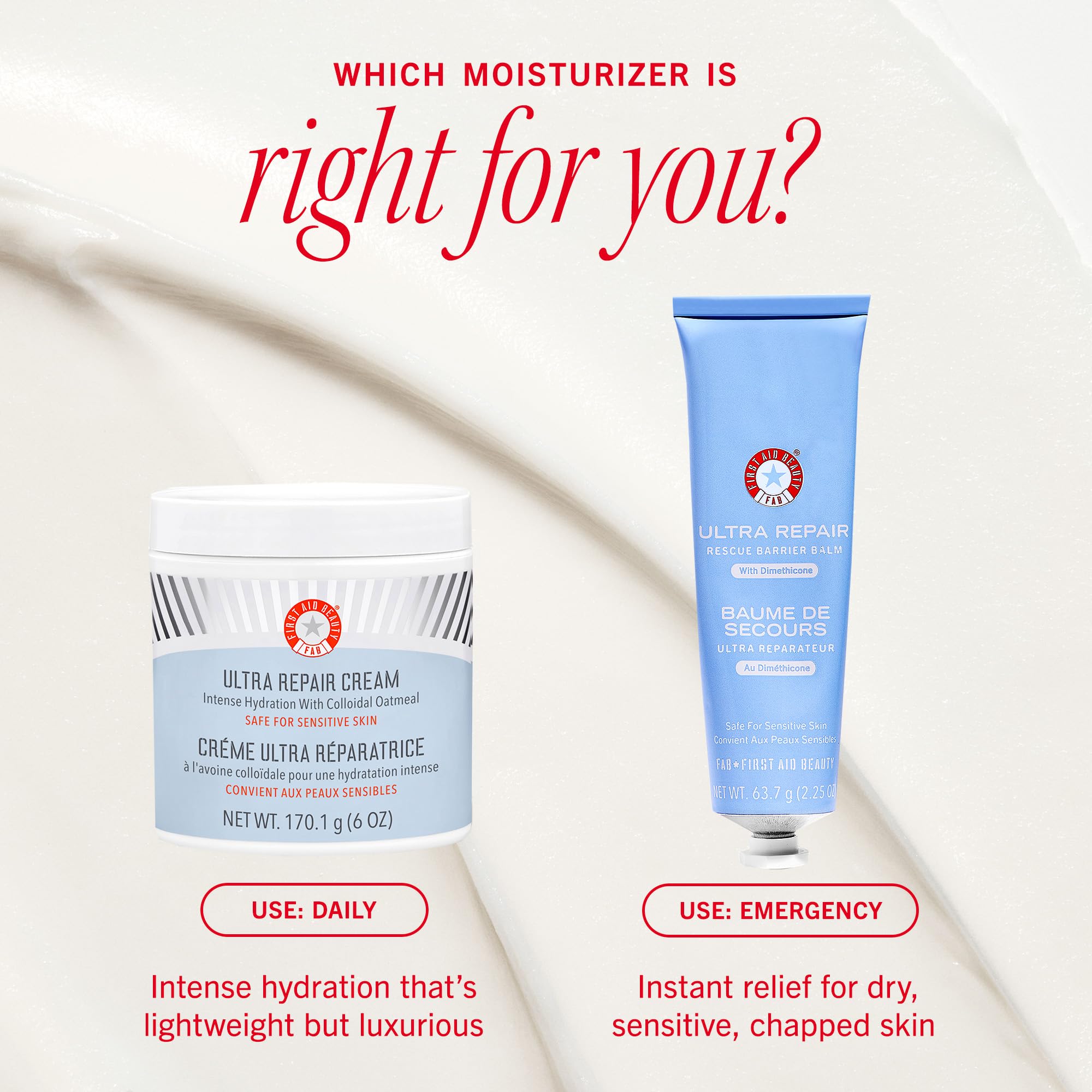 First Aid Beauty Ultra Repair Cream tub with label and texture detail for shopper confidence.