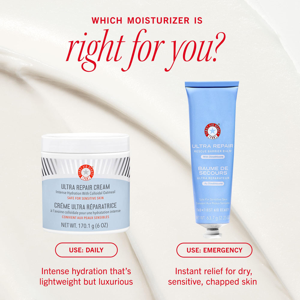 First Aid Beauty Ultra Repair Cream tub with label and texture detail for shopper confidence.