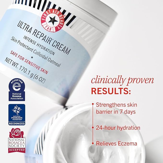 First Aid Beauty Ultra Repair Cream texture applying on skin showing creamy finish