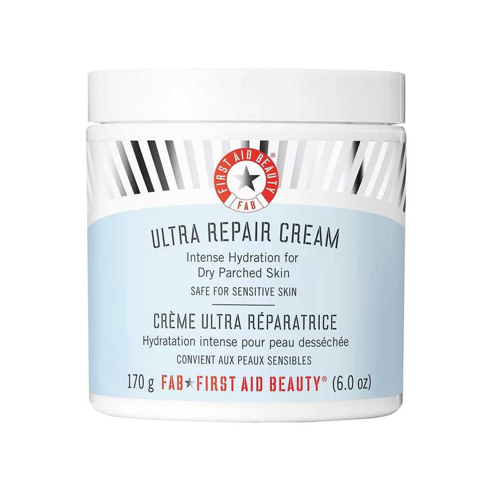 First Aid Beauty Ultra Repair Cream tub close-up highlighting rich formula for immediate hydration.