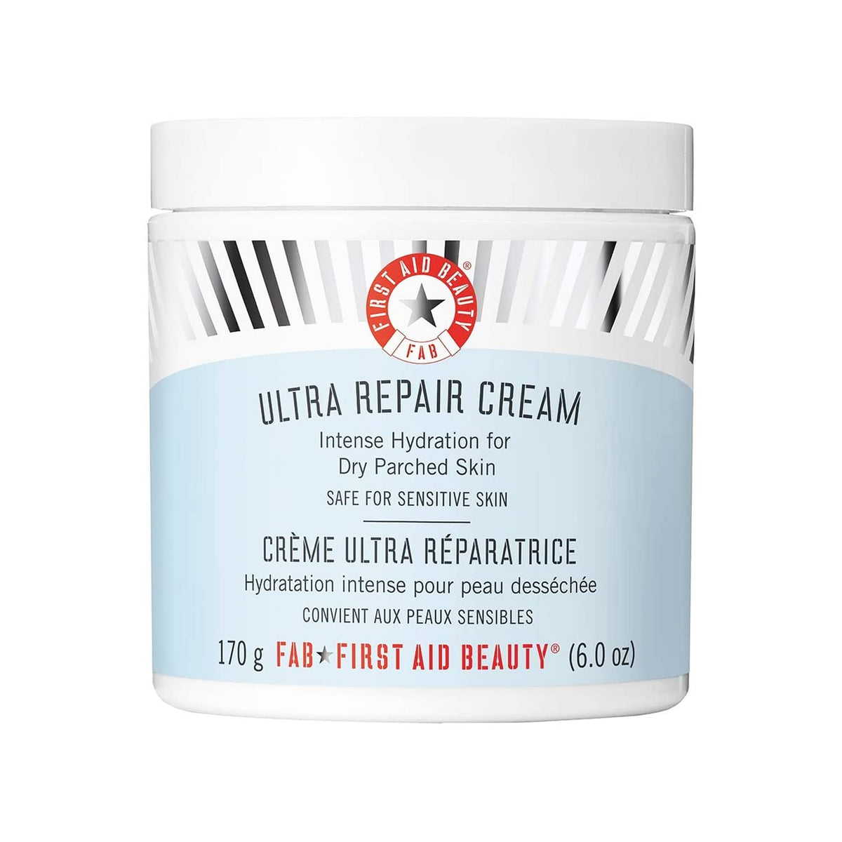 First Aid Beauty Ultra Repair Cream tub close-up highlighting rich formula for immediate hydration.