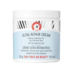 First Aid Beauty Ultra Repair Cream tub close-up highlighting rich formula for immediate hydration.