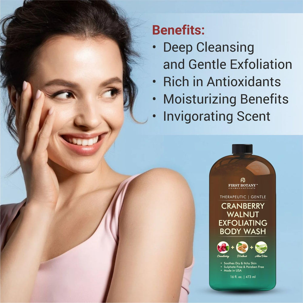 First Botany All Natural Body Wash cranberry-walnut-ingredients highlight natural extracts for skin comfort.